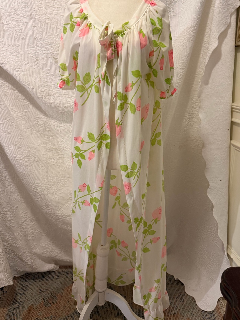 Vintage Floral Peignoir Robe Pink Rose Ivory Sheer Long Dressing Gown Cottagecor - Picture 6 of 14